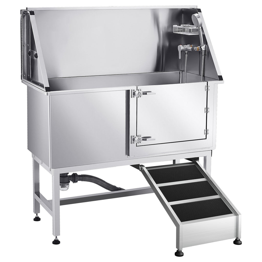 50-Inch Stainless Steel Dog Washing Station with Ramp, Faucet, Showerhead, Soap Holder & Water Filter Board  Right Door