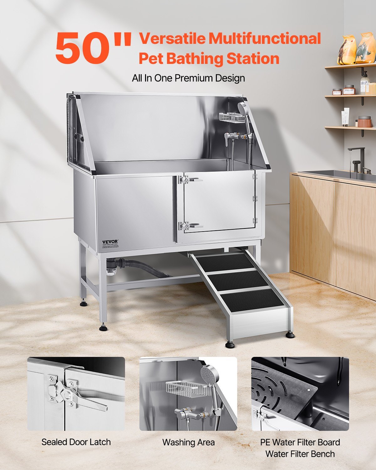 50-Inch Stainless Steel Dog Washing Station with Ramp, Faucet, Showerhead, Soap Holder & Water Filter Board  Right Door