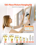 130 Pieces Picture Hanging Kit, 10lb, 20lb, 30lb, 50lb, 75lb and 100lb Picture Hangers, Metal Pictures Hanging Hooks with Nails for Mirror, Painting, Photo Frame on Drywall & Wooden Wall, Gold