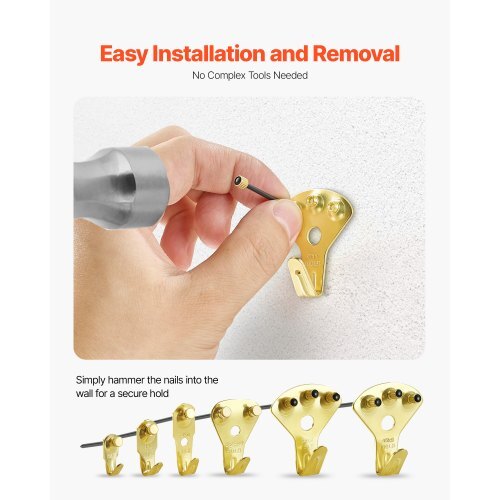 130 Pieces Picture Hanging Kit, 10lb, 20lb, 30lb, 50lb, 75lb and 100lb Picture Hangers, Metal Pictures Hanging Hooks with Nails for Mirror, Painting, Photo Frame on Drywall & Wooden Wall, Gold