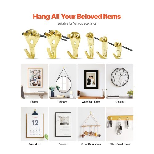 130 Pieces Picture Hanging Kit, 10lb, 20lb, 30lb, 50lb, 75lb and 100lb Picture Hangers, Metal Pictures Hanging Hooks with Nails for Mirror, Painting, Photo Frame on Drywall & Wooden Wall, Gold
