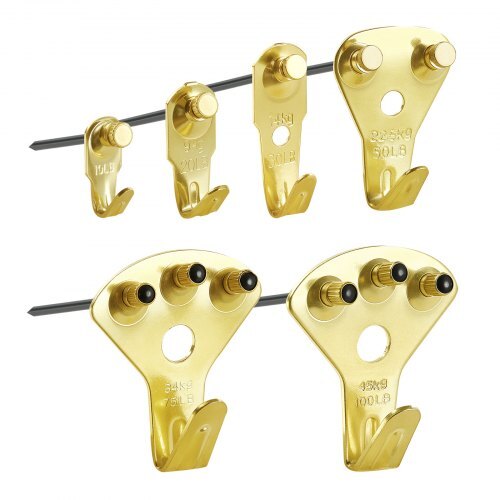 130 Pieces Picture Hanging Kit, 10lb, 20lb, 30lb, 50lb, 75lb and 100lb Picture Hangers, Metal Pictures Hanging Hooks with Nails for Mirror, Painting, Photo Frame on Drywall & Wooden Wall, Gold