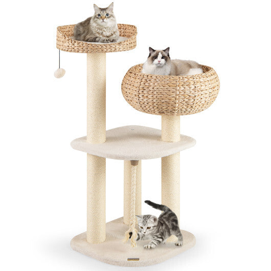 41 Rattan Cat Tree with Napping Perch  Modern Multi-Level Cat Tower (White)