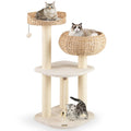 41 Rattan Cat Tree with Napping Perch  Modern Multi-Level Cat Tower (White)