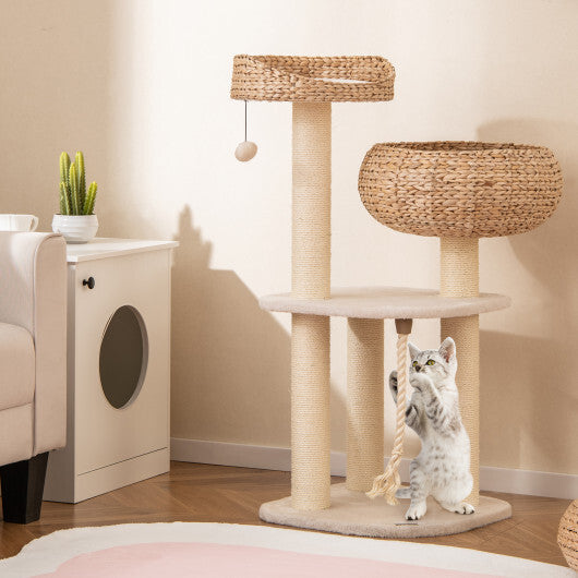 41 Rattan Cat Tree with Napping Perch  Modern Multi-Level Cat Tower (White)