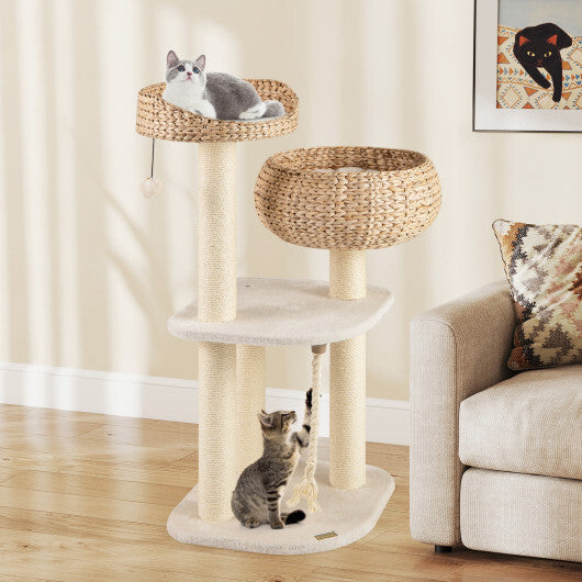 41 Rattan Cat Tree with Napping Perch  Modern Multi-Level Cat Tower (White)