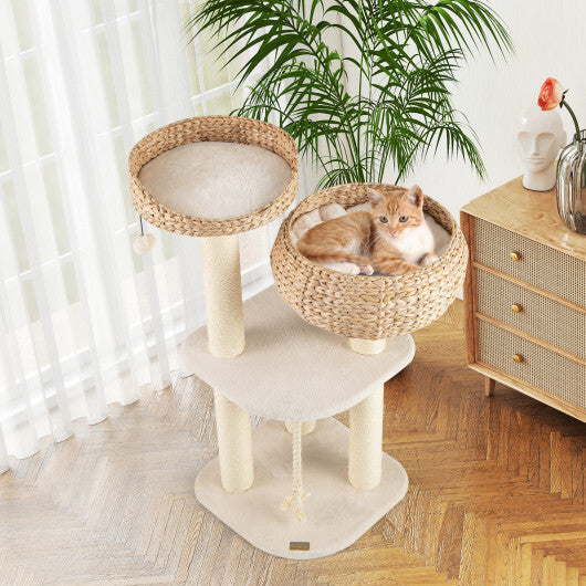 41 Rattan Cat Tree with Napping Perch  Modern Multi-Level Cat Tower (White)