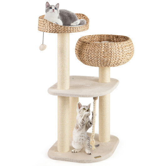 41 Rattan Cat Tree with Napping Perch  Modern Multi-Level Cat Tower (White)
