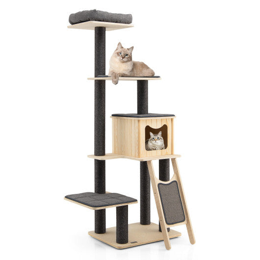 5-Tier Modern Wood Cat Tower with Washable Cushions  Gray | Multi-Level Cat Tree for Climbing, Lounging & Play