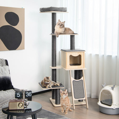 5-Tier Modern Wood Cat Tower with Washable Cushions  Gray | Multi-Level Cat Tree for Climbing, Lounging & Play