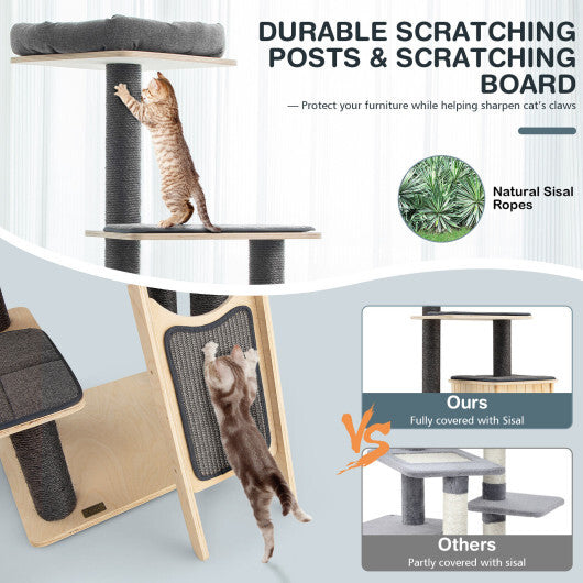 5-Tier Modern Wood Cat Tower with Washable Cushions  Gray | Multi-Level Cat Tree for Climbing, Lounging & Play