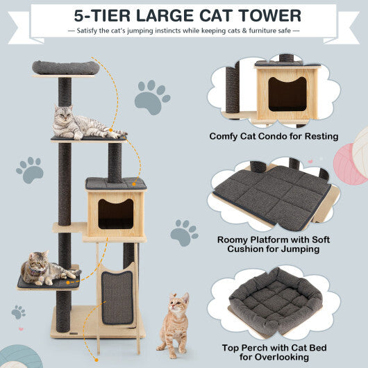 5-Tier Modern Wood Cat Tower with Washable Cushions  Gray | Multi-Level Cat Tree for Climbing, Lounging & Play