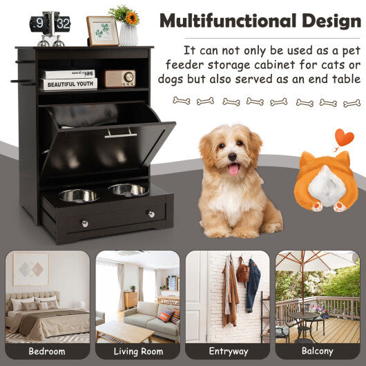 Pet Feeder Station with Stainless Steel Bowl-Coffee