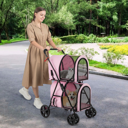 4-in-1 Double Pet Stroller  Detachable Carrier & Travel Carriage (Pink) | For Small & Medium Pets