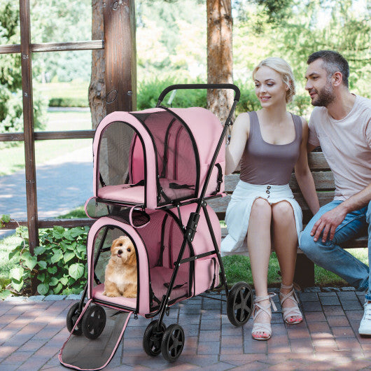 4-in-1 Double Pet Stroller  Detachable Carrier & Travel Carriage (Pink) | For Small & Medium Pets