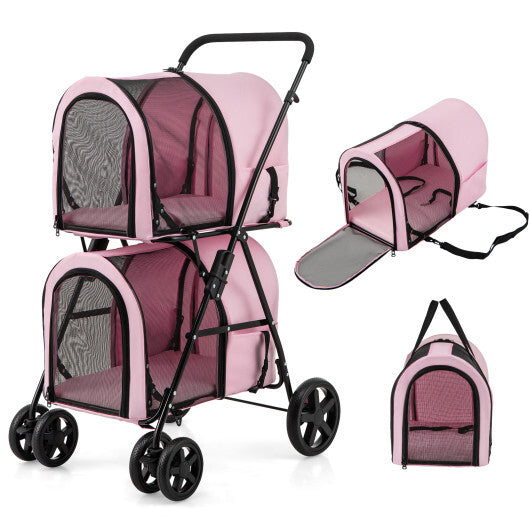 4-in-1 Double Pet Stroller  Detachable Carrier & Travel Carriage (Pink) | For Small & Medium Pets