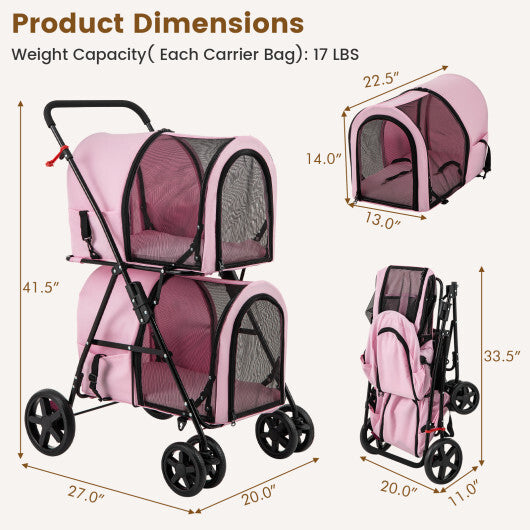 4-in-1 Double Pet Stroller  Detachable Carrier & Travel Carriage (Pink) | For Small & Medium Pets